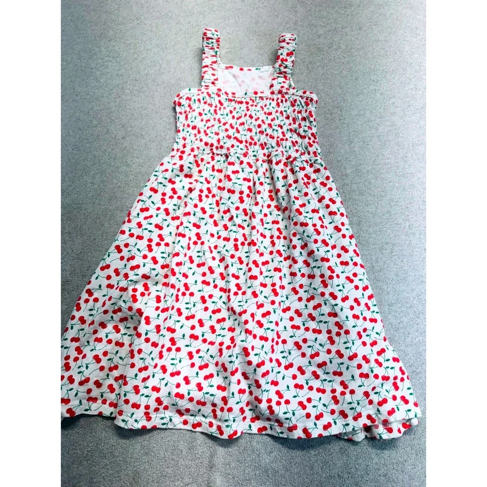 Old Navy Girls Cherry Print Smocked Sundress White Red Sleeveless Size Medium 8